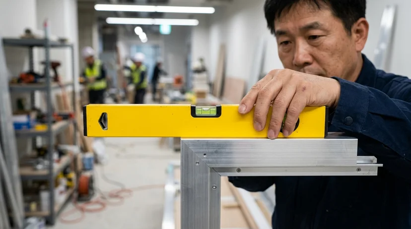 A Korean technician's hand placing a yellow spirit level on a metal screen frame.