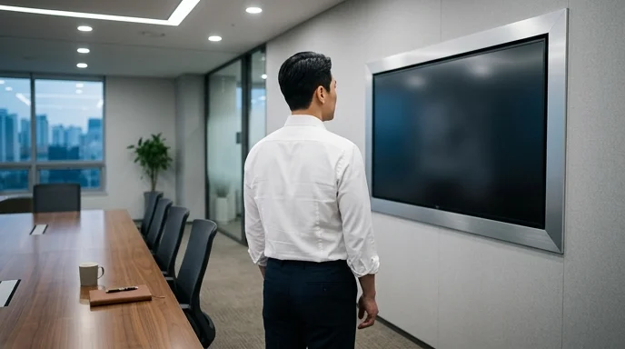 A Korean manager viewed from behind observing a blank wall-mounted display in a meeting room.