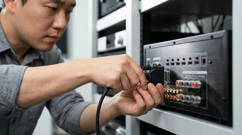 A technician's hands detaching a component from the rear port of an AV processor.