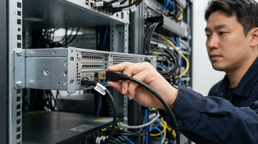 A Korean technician's hand plugging a black network cable into the rear port of a media server in a rack.