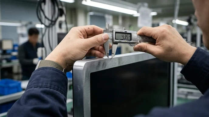 A Korean worker's hands measuring the metallic edge of a digital signage panel.