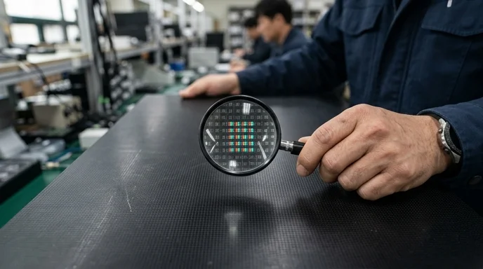 A Korean worker's hand holding a magnifying glass over the surface of an LED cabinet panel grid.