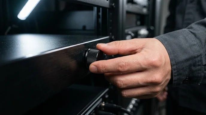 A Korean engineer's fingers turning a textured dial on a black AV processor rack unit.