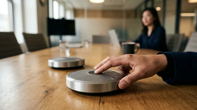 A Korean employee's hand operating a sleek metallic speakerphone on a wooden conference table.