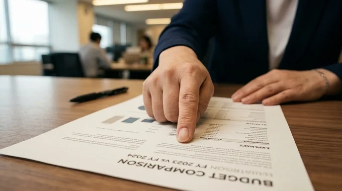 A Korean administrator's hands pointing at a printed document on a wooden meeting table.