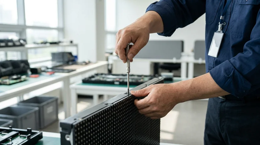 A Korean technician's hands removing the front maintenance panel of an LED module.