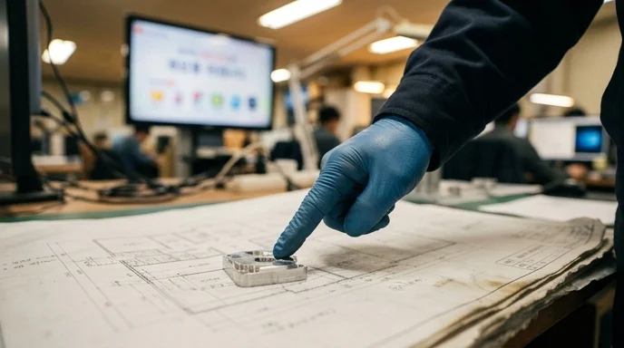 A gloved hand pointing at a small hardware component on a blueprint.