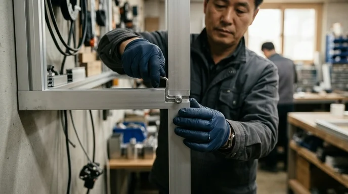 A technician's gloved hands assembling a screen frame against the wall for flexible meeting room setups.