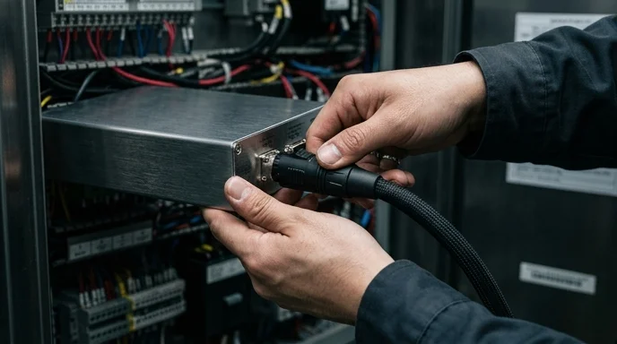 A Korean technician's bare hands connecting a communication cable into a controller inside an elevator panel.