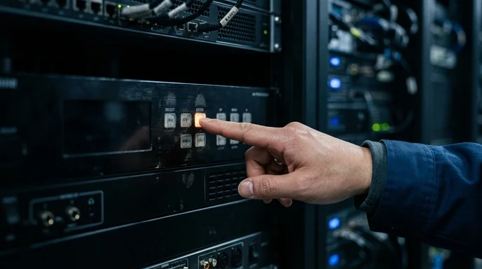 Close-up of a Korean engineer's hand pressing a button on an AV processor panel.