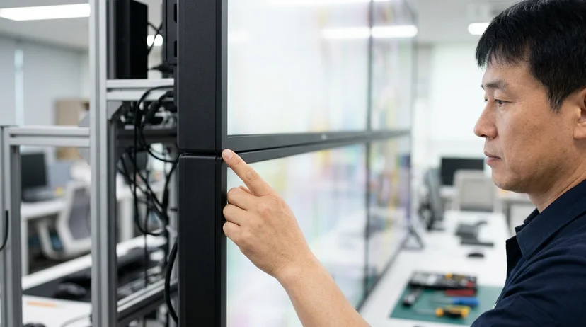 A Korean technician touching the black seam between two bezels of a large display viewed from the side.