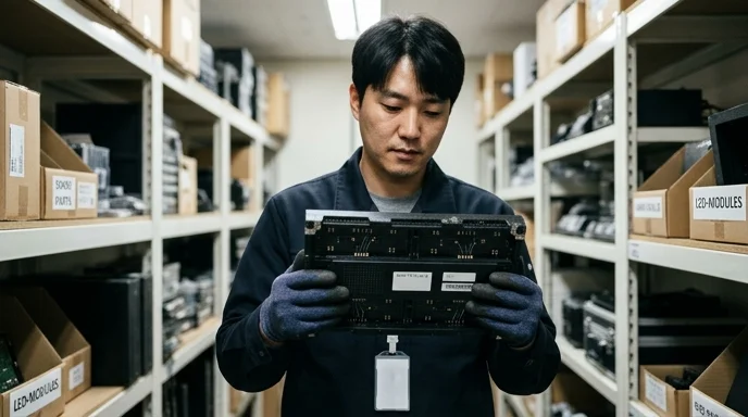 A person carefully holding a spare LED module with both hands.