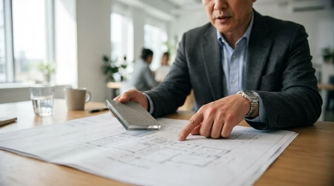 A Korean consultant's hands pointing at a blueprint and a small display panel sample on a wooden table.