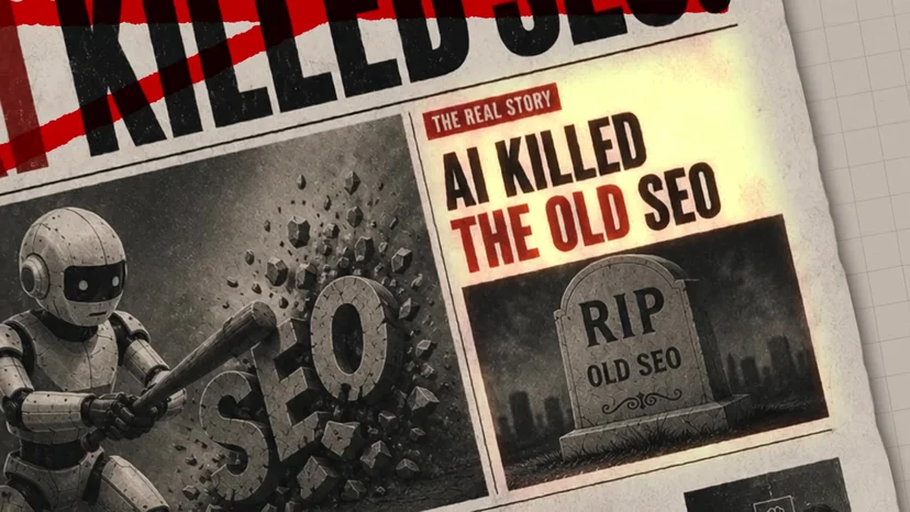 'AI KILLED SEO' 헤드라인에 빨간 줄이 그어지고 'AI KILLED THE OLD SEO' 와 'RIP OLD SEO' 묘비가 덧붙은 신문 지면