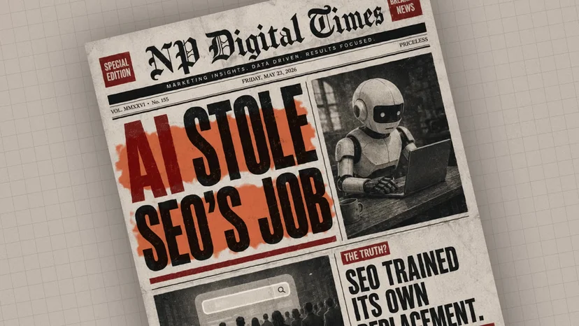 'AI STOLE SEO'S JOB' 헤드라인이 실린 신문 지면과 노트북 앞에 앉은 로봇 사진