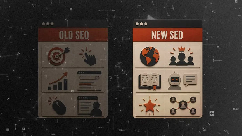 과녁·클릭·순위 그래프의 'OLD SEO' 패널과 지구본·사람들·책·챗봇·별점의 'NEW SEO' 패널을 나란히 놓은 화면