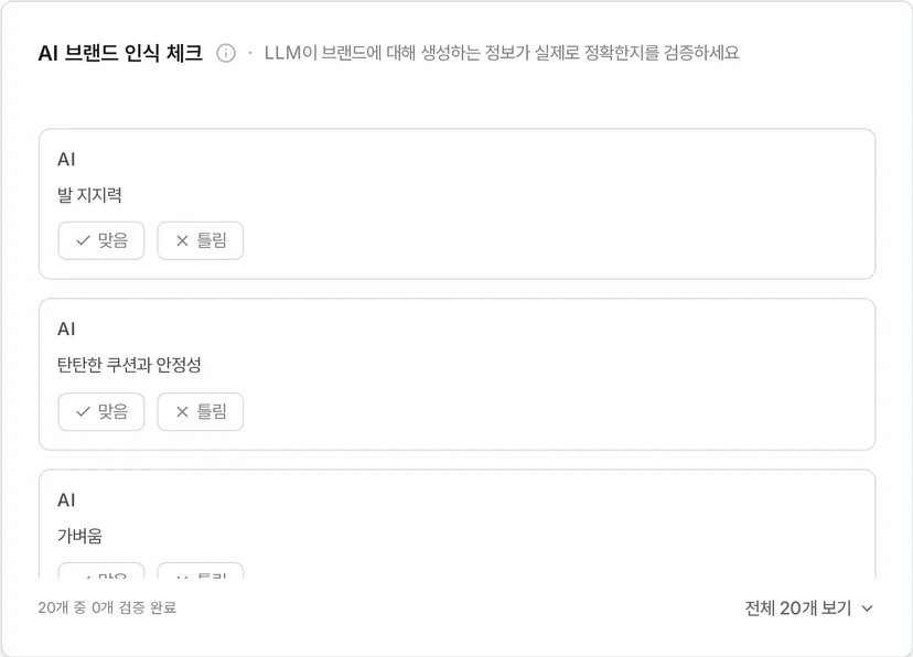 AI 가 말한 문장을 맞음·틀림으로 검증, 20개 중 0개 완료