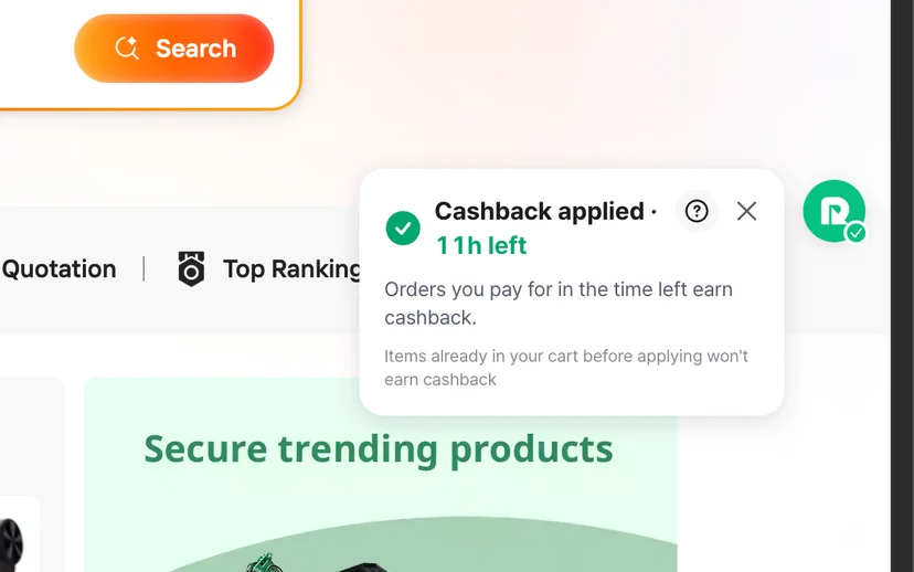 Refundy panel on Alibaba.com showing 'Cashback applied · 11h left' with a note that items already in the cart won't earn cashback