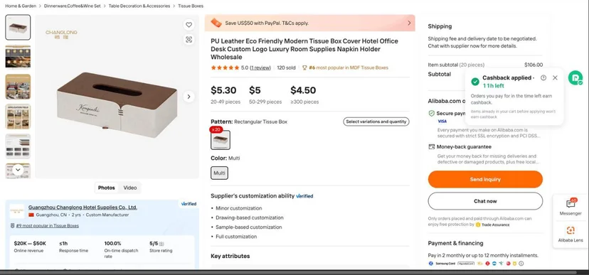 Alibaba.com product page with tiered wholesale pricing and the Refundy 'Cashback applied' panel open on the right