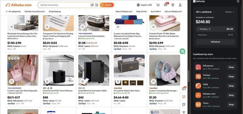 Refundy side panel open next to Alibaba.com search results, showing the cashback balance card and the Cashback by store list with Shop buttons