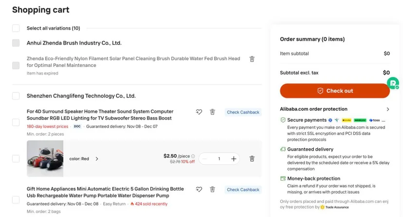 Alibaba.com shopping cart with a 'Check Cashback' badge next to each item and the Refundy button beside the checkout button