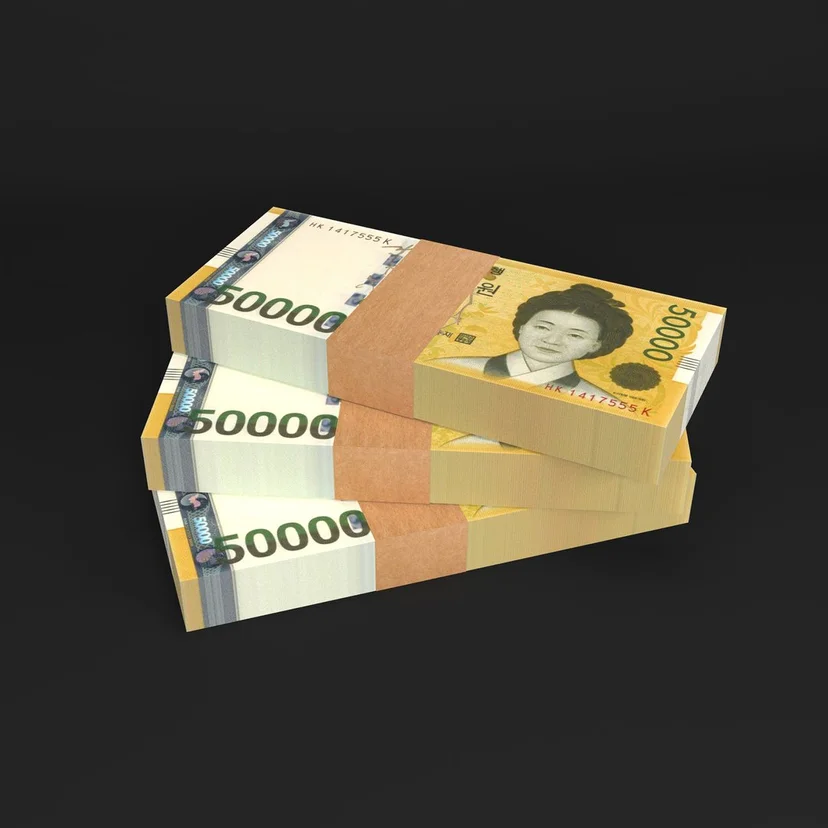 띠지로 묶인 오만 원권 지폐 다발 세 묶음