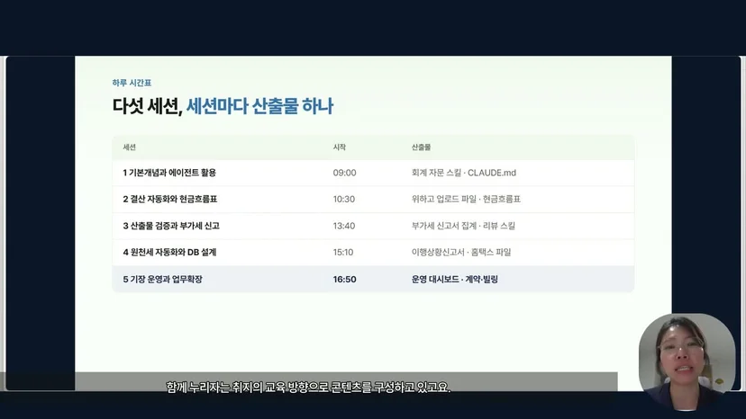부트캠프 다섯 세션의 시작 시각과 산출물을 정리한 시간표 화면
