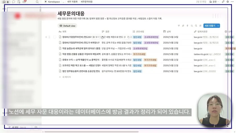 노션 세무문의대응 데이터베이스에 접대비 한도초과 등 세법 질의 기록이 결론·관련세법·법제처 원문 링크와 함께 쌓인 화면