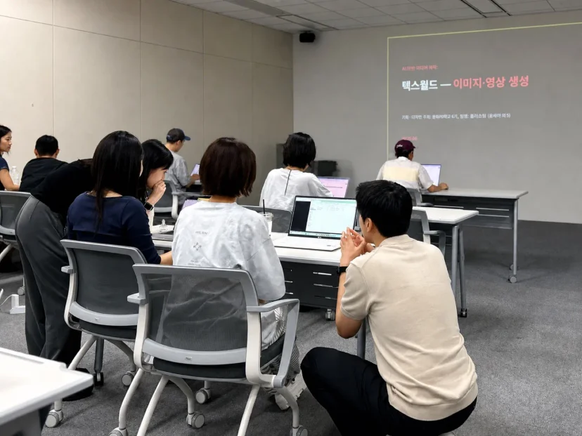 힉스필드 과정 실습 중 보조강사가 수강생 노트북 화면을 함께 보며 코칭하는 모습