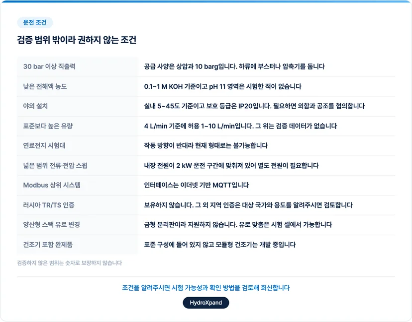 검증 범위 밖이라 권하지 않는 운전 조건