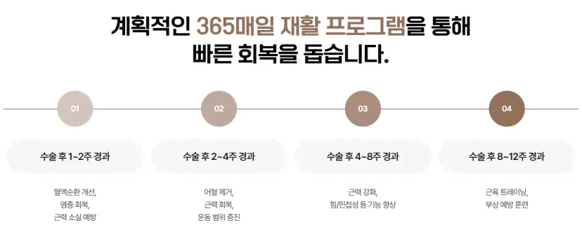 무릎 인공관절 수술 재활|수술 후 시기별 365일 재활 프로그램 단계별 안내 인포그래픽