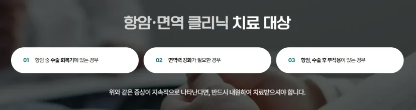 암 수술 후 회복관리|항암 및 면역 클리닉의 주요 치료 대상 안내 인포그래픽
