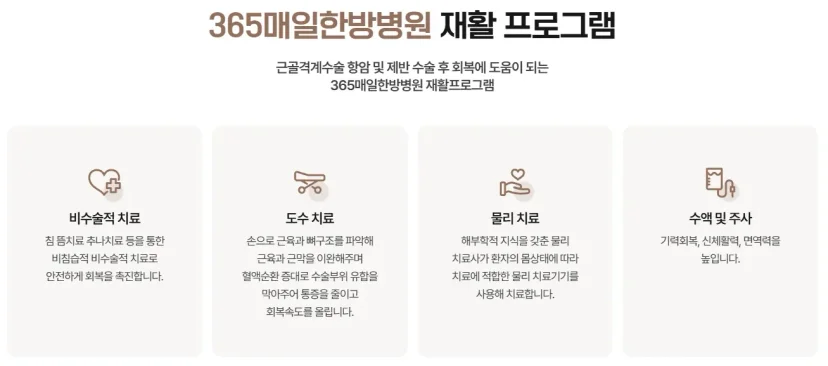 무릎 어깨 수술 후 재활|365매일한방병원의 수술 후 재활 프로그램 안내 인포그래픽