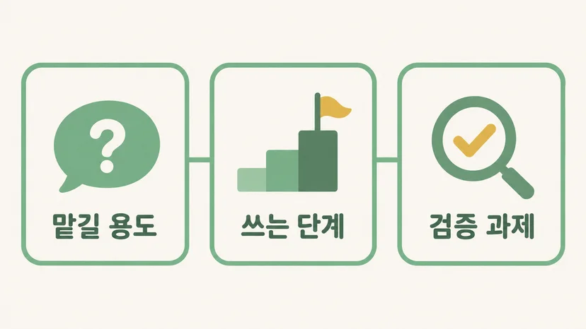 수업 AI 규칙 세 가지를 나타낸 도해 — 맡길 용도, 쓰는 단계, 검증 과제