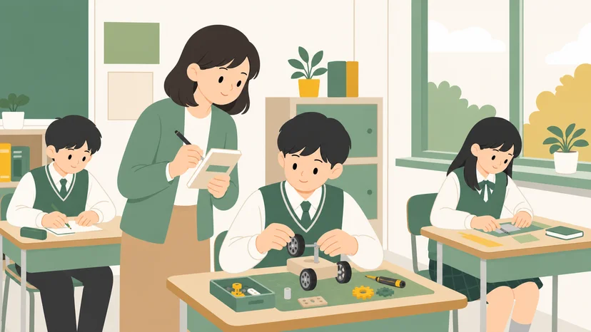 교실에서 학생이 작업하는 모습을 곁에서 지켜보며 수첩에 메모하는 교사