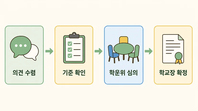 학습지원 소프트웨어 선정 절차 4단계 — 의견 수렴, 기준 확인, 학운위 심의, 학교장 확정