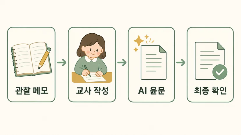 4단 흐름을 나타낸 도해 — 관찰 메모, 교사 작성, AI 윤문, 최종 확인