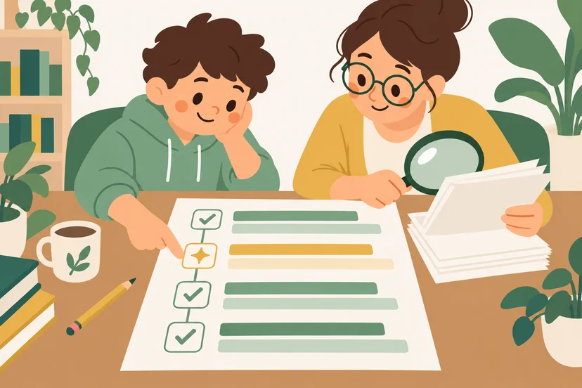학생이 과제물에서 AI를 쓴 단계를 손가락으로 가리키고, 교사가 돋보기를 들고 함께 들여다보는 모습