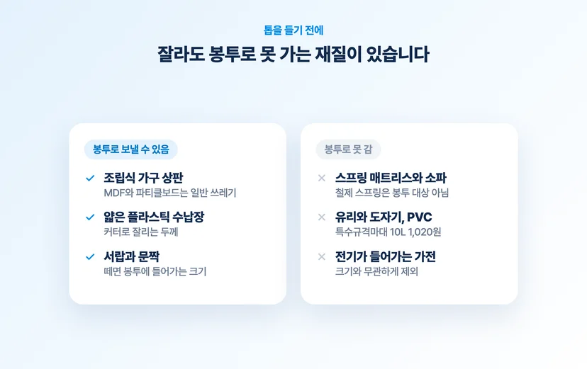 잘라서 봉투로 갈 수 있는 재질과 못 가는 재질