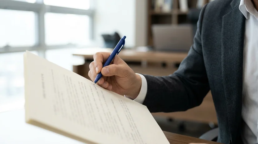 A Korean lawyer's hand marking a document with a pen under bright daylight.