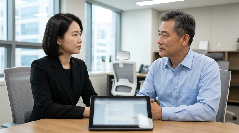 A Korean lawyer and a male client sitting face-to-face across a table with a tablet placed between them.