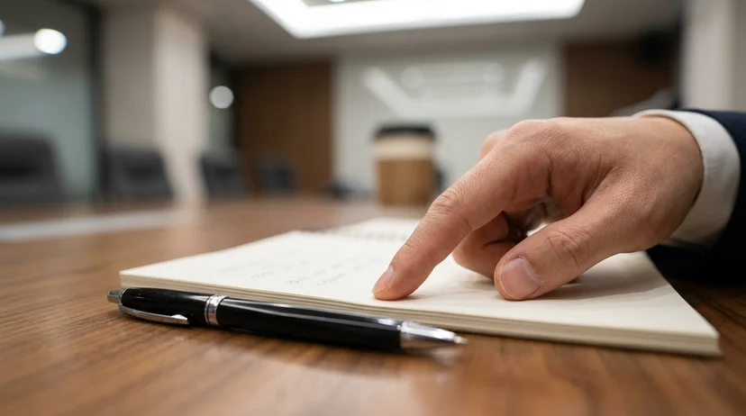 A Korean lawyer's hand pointing at a notebook on a wooden meeting table.