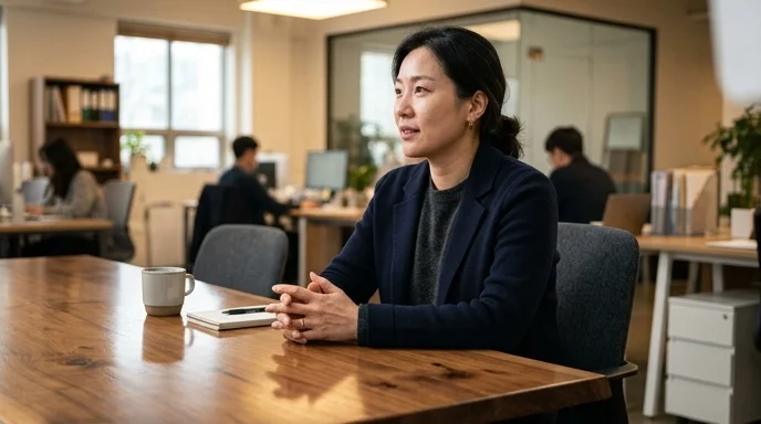 A Korean client sitting at a consultation table with hands clasped together.