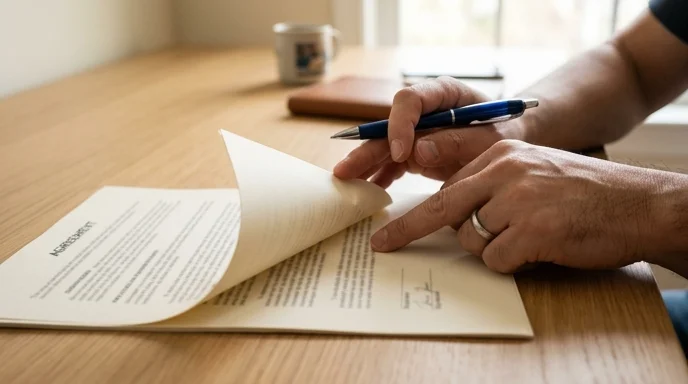 A Korean man's hand pointing at a document margin with a pen on a clean desk, bathed in bright morning light.