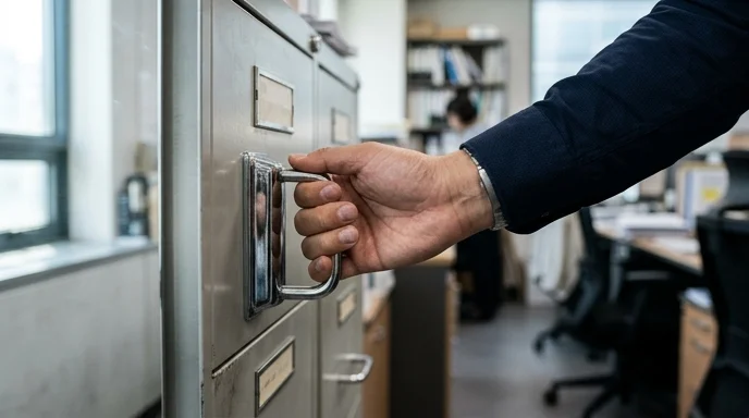A Korean worker's hand firmly pulling the chrome handle of a brushed steel file cabinet.