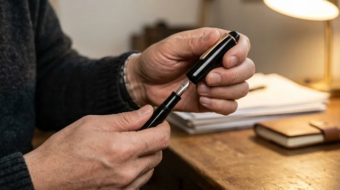 A Korean person's hands pulling the cap off a glossy black resin fountain pen.