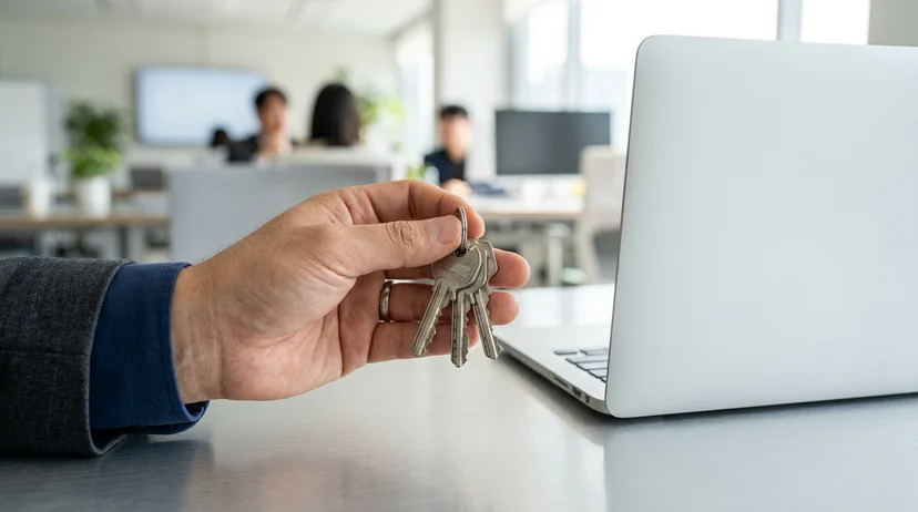 A Korean lawyer's hand holding a set of keys over a desk.