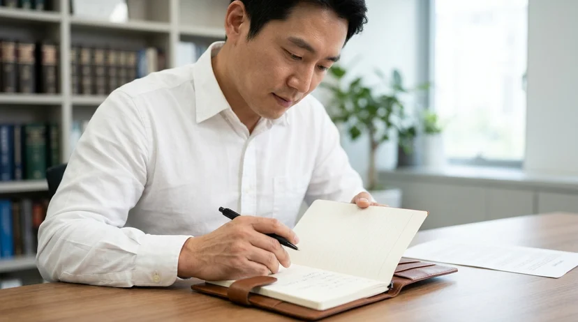 A Korean lawyer leaning over a leather pocket notebook with a hand resting on the page under clean overhead light.
