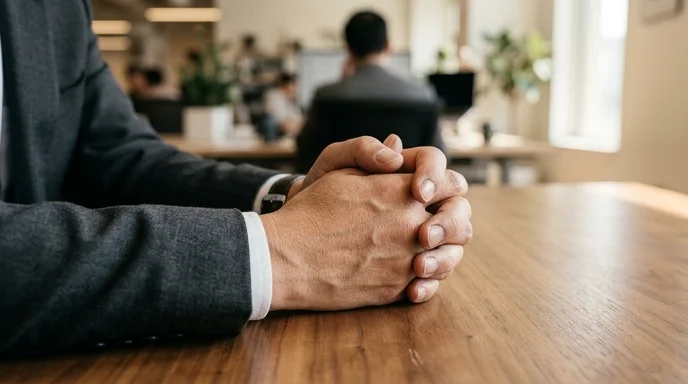 A Korean person sitting at a consultation table with their hands firmly clasped together.