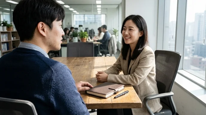Two Korean people sitting across from each other with a closed notebook and a fountain pen on the table in a bright office.